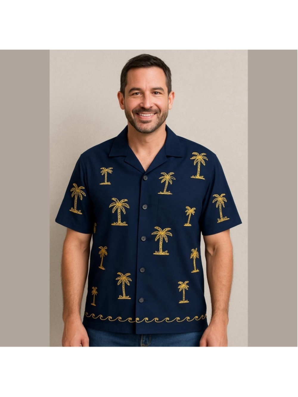 La Leela Mens Navy Blue Palm Tree Embroidered Button Down Shirt Like New (XL)